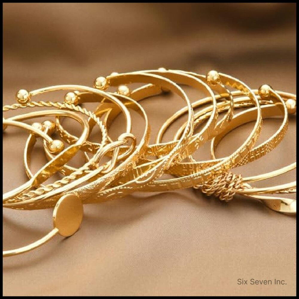 Gold Plated Bangle Bracelets Stackable Set Textur… - image 6